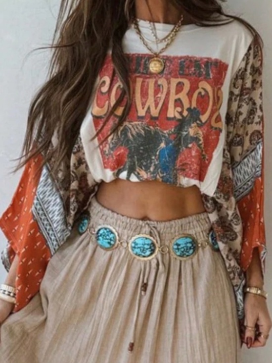 Tops - Western Cowboy Horse Graphic Poncho  Kimono top